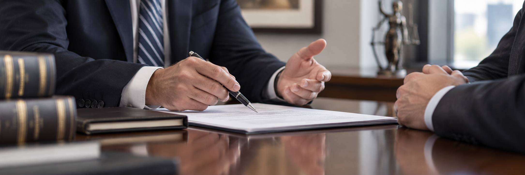 Attorney reviewing a signed legal document with a client at a law office desk